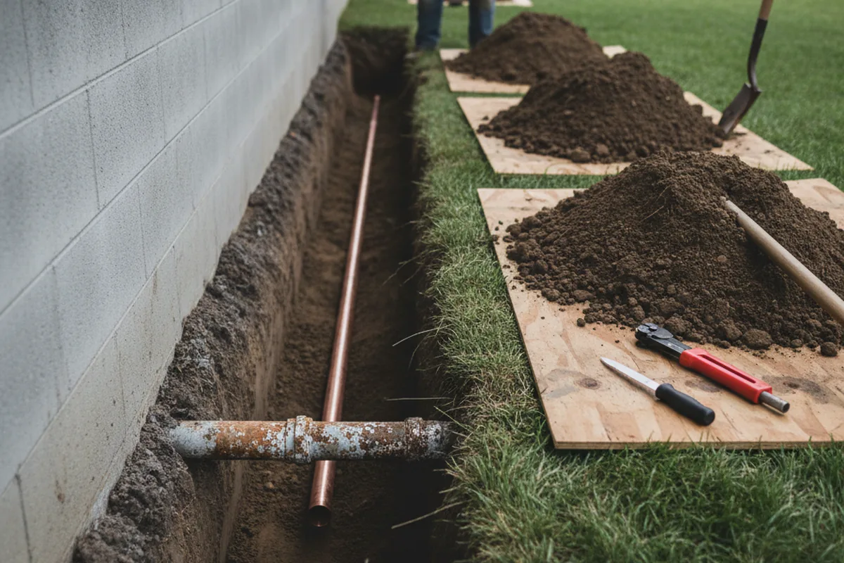 Excavated water line trench during Sewer Line Repair in Vina
